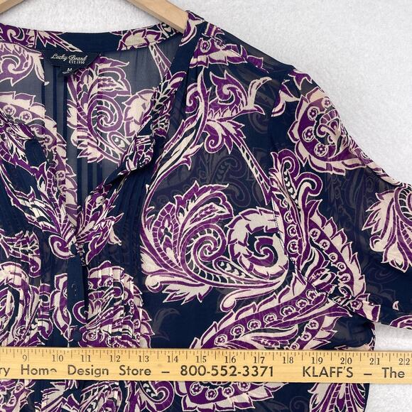 LUCKY BRAND Top Womens M Paisley Popover Chiffon Tunic Blouse Pullover Purple - Picture 10 of 12